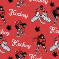 Seamless pattern by Canadian hockey players and maple leaves. Vector graphics