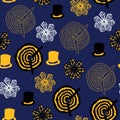 Seamless pattern with cancan dancer and hat, golden pattern, twenties, Vector illustration.
