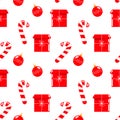 Seamless pattern, candies, gifts and Christmas balls, red and white design. Christmas print, textile, vector Royalty Free Stock Photo