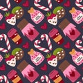 Seamless pattern with candy canes,chocolate, fruit