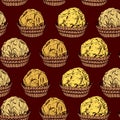 Seamless pattern Candy chocolate truffles in foil and paper cup. Drawing by hand sketch doodles. Golden yellow brown color. Vector Royalty Free Stock Photo