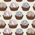 Seamless pattern Candy chocolate truffles in foil and paper cup. Drawing by hand sketch doodles. Gray pink blue brown. Vector Royalty Free Stock Photo