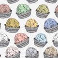 Seamless pattern Candy chocolate truffles in foil and paper cup. Drawing by hand sketch doodles. Gray yellow pink blue green brown Royalty Free Stock Photo