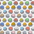 Seamless pattern Candy chocolate truffles in foil and paper cup. Drawing by hand sketch doodles. Gray yellow pink blue green brown