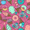 Seamless pattern with candy, donuts sweet icecream and other elements On pink background