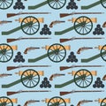 Seamless pattern with cannons, smoothbore rifles and pistols