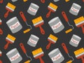 Seamless pattern with cans of paint, brush and roller for painting walls on a black background. Vector illustration of a Royalty Free Stock Photo