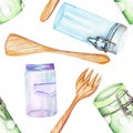 A seamless pattern with the cans and wooden kitchenware. Painted hand-drawn in a watercolor.