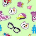 Seamless Pattern with Cap, Cat, Glasses, Thunder