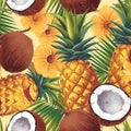 A seamless pattern that captures the lively dance of pineapples and coconuts with vibrant hibiscus flowers and tropical Royalty Free Stock Photo