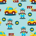Seamless pattern of car repair shop cartoon with funny mechanic. Can be used for t-shirt print. Creative vector childish Royalty Free Stock Photo