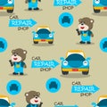 Seamless pattern of car repair shop cartoon with funny mechanic. Can be used for t-shirt print. Creative vector childish Royalty Free Stock Photo