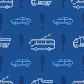 Seamless pattern with car and tram icons. Road traffic background