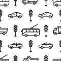 Seamless pattern with car and tram icons. Road traffic background