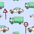 Seamless pattern a car and a truck and traffic signs. Royalty Free Stock Photo