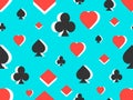 Seamless pattern with card suits: diamonds, hearts, clubs, spades in 3d style. Isometric 3d card suit symbols on blue background. Royalty Free Stock Photo