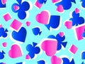 Seamless pattern with card suits: diamonds, hearts, clubs, spades in 3d style. Isometric symbols of card suits, pink and blue Royalty Free Stock Photo