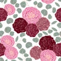 Seamless pattern with carnation flowers, camellias and silver dollar eucalyptus. Decorative holiday floral background.