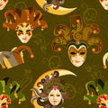 Seamless pattern with carnival venetian colorful mask on traditional background