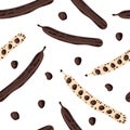 Seamless pattern with carob. Carob pods, seeds. Superfood background. Wallpaper, print, packaging, paper, textile design. flat Royalty Free Stock Photo