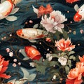 seamless pattern with carp fish and lotuses in a pond