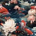 seamless pattern with carp fish and lotuses in a pond