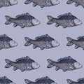 Seamless pattern with carp fish. Pond. Background with underwater inhabitants. Hand drawn.