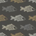 Seamless pattern with carp fish. Pond. Background with underwater inhabitants. Hand drawn.