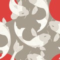 Seamless pattern with carp koi fish and sun, traditional japanese art