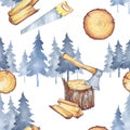 Seamless pattern with carpentry tools. Watercolor axe, firewood and trees. Profession instruments. Men`s work.