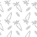 Seamless pattern with carrot and dill. Black and white pattern with vegetables. Elements in the linear style are isolated without Royalty Free Stock Photo