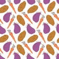 Seamless pattern with carrot eggplant potato on a white background. Vector illustration of ingredients for food backgroundin a