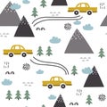 Colorful seamless pattern with cars, fir trees, mountains. Decorative background with funny automobiles. Transport
