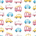 Seamless pattern with cars. Fire truck, ambulance, taxi and police car. Cartoon background for children Royalty Free Stock Photo