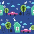 Colorful seamless pattern, cars, houses, fir trees, trees. Decorative cute background, automobiles and forest