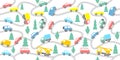 Seamless pattern cars and road. Cartoon background for Kids. Vector illustrations