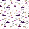 Seamless pattern: cars, road signs and tools on a white background.