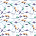 Seamless pattern with cars, road, words Toot, beep. Vector kids background Royalty Free Stock Photo