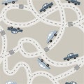 Colorful seamless pattern with cars, roads. Decorative background with funny transport. Automobile