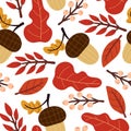 Seamless pattern with cartoon acorn, leaves, decoration elements. Forest, vector flat style. nature theme. hand drawing. Royalty Free Stock Photo
