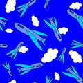 Seamless pattern cartoon airplanes, clouds