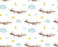 Seamless pattern cartoon airplanes, clouds and stars. A childlike background. Kids seamless pattern with airplanes, stars and