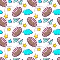 Seamless pattern with cartoon american footballs in doodle style on a white background