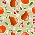 Seamless pattern with cartoon apple, pear, cherry, leaves, decor elements, dots on a neutral background. fruit theme. vector. hand Royalty Free Stock Photo