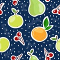 Seamless pattern with cartoon apples, pears, oranges, cherries, decor elements, dots on a neutral background. fruit theme. vector. Royalty Free Stock Photo