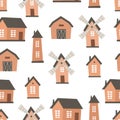 Seamless pattern with cartoon barn, mill, house. Farm. Flat colorful vector for kids. hand drawing. animals.