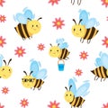 Seamless pattern with cartoon bees and flowers.