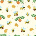 Seamless pattern of cartoon bees, hive and honey. Vector illustration Wallpaper background. Royalty Free Stock Photo