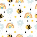 Seamless pattern with cartoon bees, rainbows. Colorful vector flat style for kids. hand drawing.