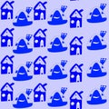 Seamless pattern with cartoon blue houses. Childish drawing. Royalty Free Stock Photo